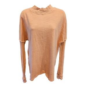 AMADI Anthropologie Mock Neck Sweater Cotton Slub Ribbed Sleeves raglan pink L